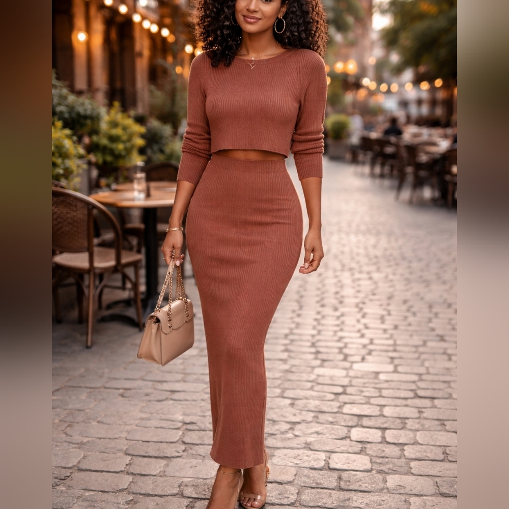 2 Pc SET PRETTY💐GARDEN Cropped Sweater➕Ribbed Pencil Skirt Sz M Lots of Stretch